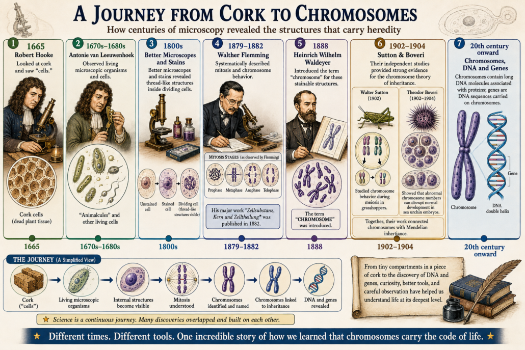 Timeline illustration of key discoveries in mitosis and chromosome theory.