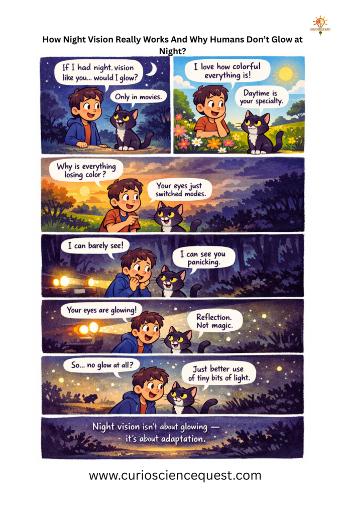Vertical comic explaining how night vision works, showing a cat and human discussing why humans don’t glow at night and see less colour in darkness.