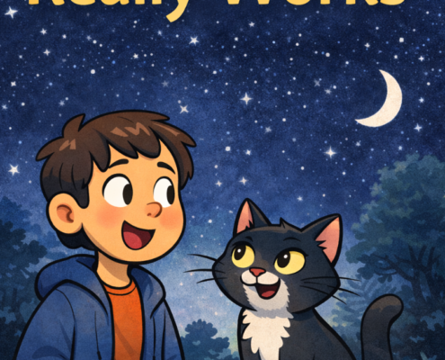 Illustrated featured image showing a child and a cat at night, explaining how night vision really works and why humans don’t glow in the dark.