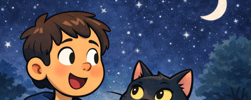 Illustrated featured image showing a child and a cat at night, explaining how night vision really works and why humans don’t glow in the dark.